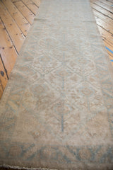 Distressed texture of vintage Malayer runner, showing faded ivory and powder blue patterns.