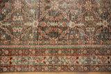 Distressed Mahal runner detail: madder root rust, ivory, and silver border, field pattern with exposed foundation.