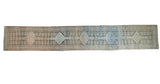 Distressed vintage Malayer runner with geometric medallions, Mahi Mahi, in pale blue and muted tones.
