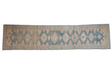 Distressed vintage Malayer runner with repeating medallions in dusty blue and pale terracotta.