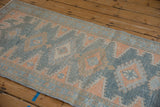 Distressed vintage Malayer runner detail showing geometric medallions, hook motif, dusty blue and pale terracotta.