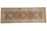 Vintage distressed Malayer runner, geometric terracotta and blue medallions with Herati border, 3'3