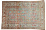 Distressed Malayer carpet with floral pinwheels on an abrashed powder blue and dusty red ground.