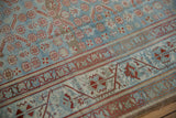 Abrashed beige and powder blue ground with red floral pinwheels on a vintage Malayer carpet.