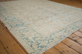 Distressed Mehrivan carpet corner with powder blue Samovar Turtle border and geometric field.