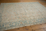 Distressed Mehrivan carpet: geometric blossoms and vinery on border, ivory and pale blue.