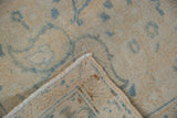 Vintage Distressed Ahar rug pile showing mostly even wear, faint foundation, ivory, dusty blue motifs.