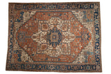 Antique Serapi carpet, complex quatrefoil medallion, terracotta, navy, ivory field, 10'5