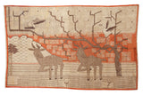 Vintage Khotan carpet featuring deer, birds, snowflake trees in terracotta and platinum.