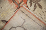 Khotan carpet's reverse showing hand-knotted foundation, secure terracotta edge, and fringed end.