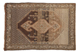 Distressed vintage Hamadan rug, earthy brown and ivory field, central medallion, unique figures, 3'10