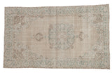 Distressed Turkish Sparta rug with faded roundel medallion, scrolling vinery in pale blue and ivory, 3'9