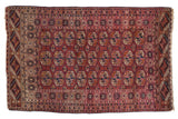 Vintage Turkmen rug, triple column geometric floral 'elephant footprint' guls in chestnut, magenta, navy. 4x6.5.