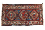 Vintage Hamadan rug, triple stepped medallion pattern, indigo, cherry red, ivory colors.