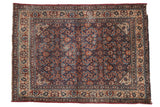 Vintage hand-knotted Persian Malayer rug, allover Herati motif, navy, ivory, 4'4