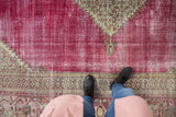 Vintage Distressed Doroksh carpet with ruby red worn pile and ornate Samovar Turtle border.