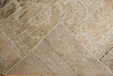 Vintage distressed Oushak rug pile with even wear, beige and brown tones, showing hand-knotted foundation.
