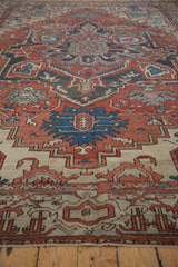Distressed Samovar turtle design border of the vintage Serapi carpet, showing beige, rust, and muted teal tones.