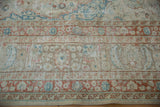 Textured view of distressed Meshed carpet pile, showing ivory, dusty blue, and terracotta floral motifs.
