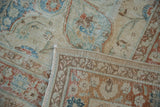 Distressed Meshed rug's worn pile, exposing ivory foundation, faded terracotta, and blue motifs.