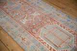 Vintage Distressed Karaja runner border showing pale red, sky blue geometric motifs, even wear.