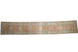 Vintage Distressed Heriz runner rug, pale terra cotta and powder blue geometric motifs.