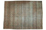 Vintage Distressed Tabriz carpet, allover Herati floral trellis in dusty teal and terra cotta.