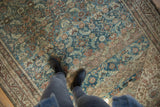 Distressed Malayer carpet, worn pile and foundation, dusty blue and beige traditional Herati.