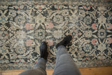 Distressed Mahal runner, charcoal, ivory, and blush Herati pattern, with foundation showing through.