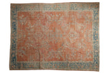 Distressed Vintage Persian Mahal carpet with pale ruby red field, dusty blue border, and allover floral patterns, 8'11