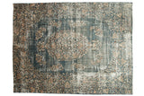 Vintage Distressed Sparta carpet, faded denim blue, ivory, and pale gold floral pattern.