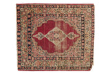 Antique Kerman square rug mat with unusual geometric diamond medallion, cochineal red, navy, ivory millefleur.