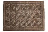 Vintage distressed Ersari carpet with geometric guls and medallions in silver, charcoal, ivory, 8' x 11'.