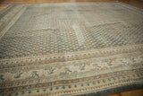 Distressed Mir Sarouk rug, close-up of pile texture and beige, blue border motifs.
