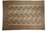 Distressed vintage Ersari carpet, ivory, pale navy, coffee brown geometric guls, 9'8