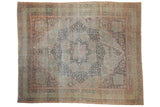 Antique Distressed Kerman Persian carpet with faded teal, red, ivory medallion, floral patterns, 8'5