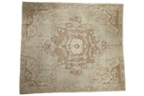 Distressed Oushak square carpet, ivory and pale brown shield medallion, scrolling tendrils. 10'8