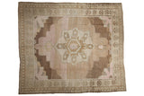 Distressed Oushak square carpet, central roundel medallion, soft beige, pink, brown tones, 10'6