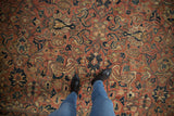 Walking on the expressive floral arabesque vintage Mahal carpet in brick red and navy.