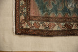 Hand-woven vintage Turkish flatweave rug corner with rich brown geometric border, ivory fringe, and original selvage.