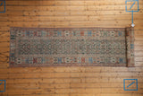 Antique Malayer runner, full length with repeating plant motifs, rainbow geometric border, rolled end.