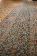 Antique Persian Malayer runner's germinating plant motif field, nuanced geometric border, muted green, terracotta, beige.