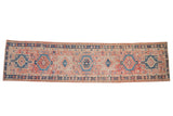 Vintage distressed Karaja runner, blush field with navy blue geometric medallions and patterned borders, 2'9