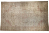 Distressed Vintage Turkish Sivas carpet featuring faded ivory and dusty rose concentric medallions with floral field, 11x14.