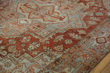 Distressed Heriz carpet showing even wear, geometric floral motifs in chestnut red and dusty blue.
