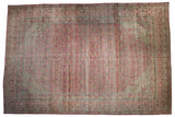Vintage Distressed Kerman carpet with an allover millefleur vase pattern in blush, ivory, and dusty blue, 10'1