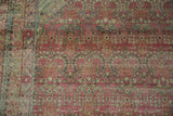 Worn Kerman carpet pile, millefleur vase motifs in raspberry blush and dusty blue.
