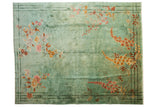 Vintage Chinese Nichols Art Deco carpet, seafoam green, ornate floral design, bamboo framing, 10' x 12'7
