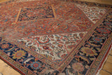 Vintage Persian Mahal carpet detail, brick red field, cream ground, and Herati sapphire border.