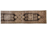 Distressed vintage Oushak runner with geometric motifs in antique ivory and charcoal, 2'8